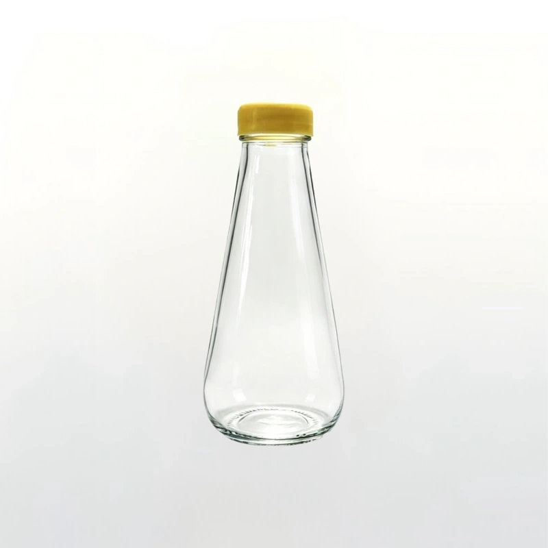 300ml Clear Conical Glass Bottle with Yellow Plastic Screw Cap