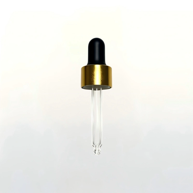 Premium shiny gold dropper cap with black rubber bulb and glass pipette for cosmetic serum packaging