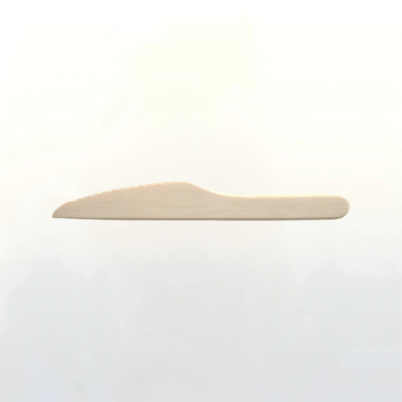 Side view of 6.5 inch eco friendly natural wooden disposable serrated knife