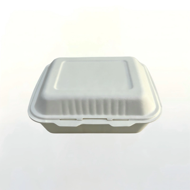 Compostable sugarcane fiber meal box with 3 divided sections for food takeout