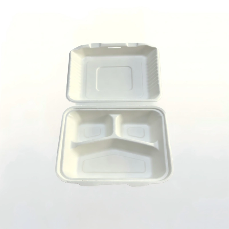 Open top view of 8 inch 3-compartment sugarcane bagasse biodegradable clamshell box