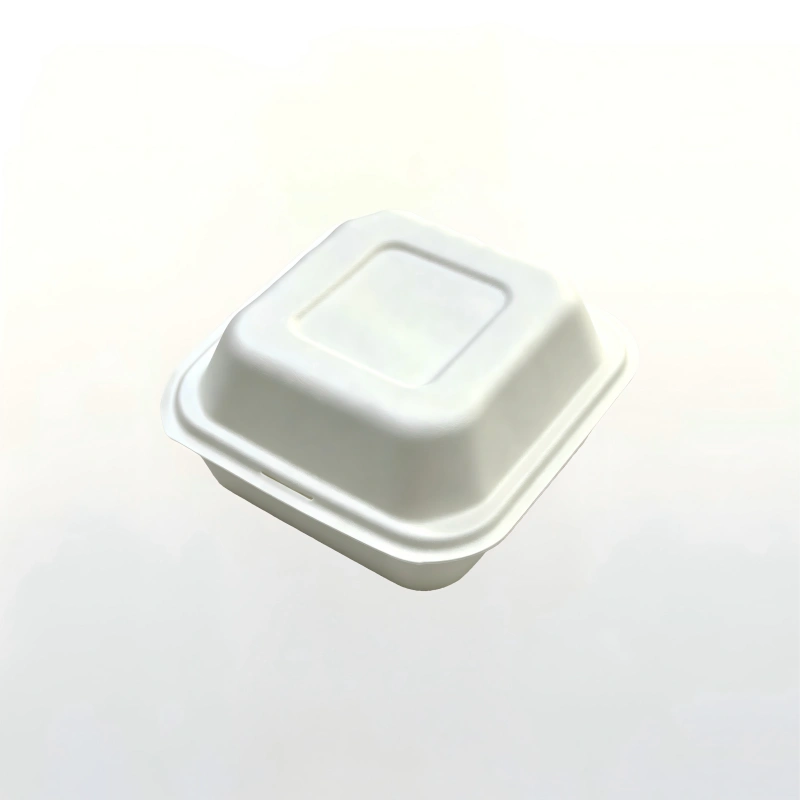 Eco-friendly 6-inch bagasse burger box open view, biodegradable sugarcane takeout container
