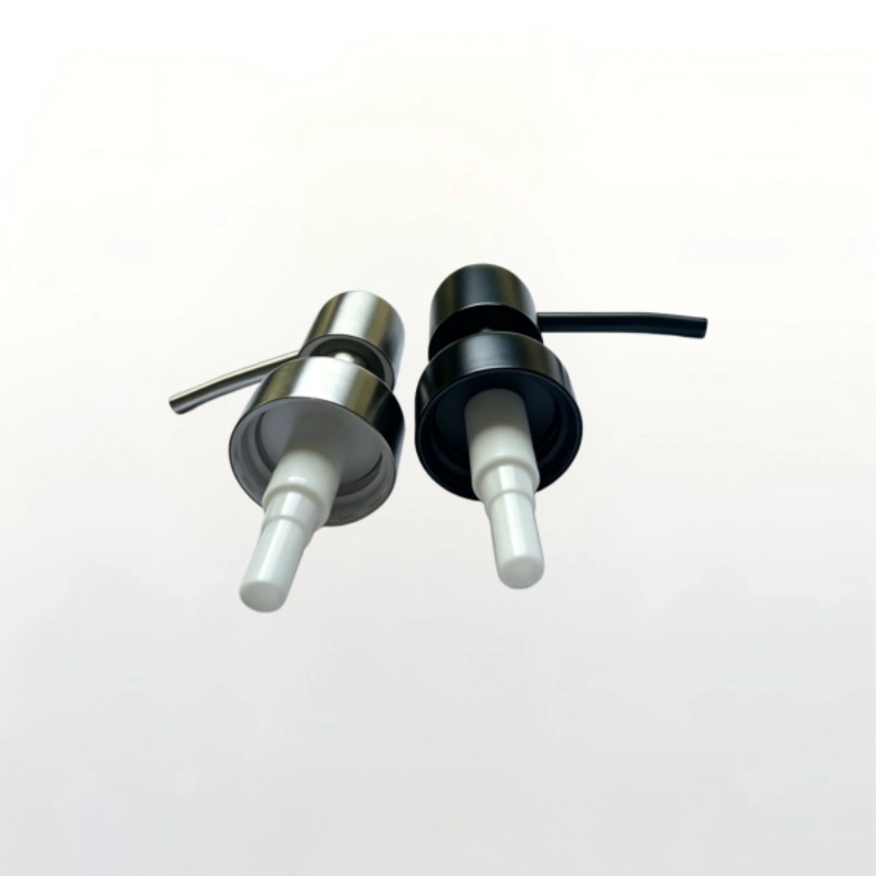Brushed silver and matte black metal press lotion dispenser pumps with long curved nozzle