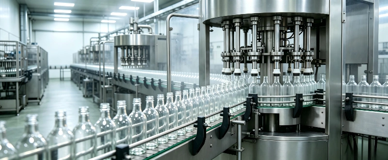 Custom glass bottles running on an automated high-speed beverage filling line