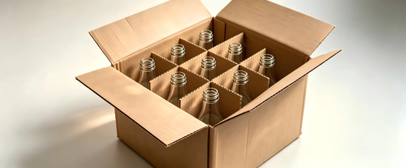 Heavy-duty corrugated packaging and internal dividers for bulk glass bottle shipping