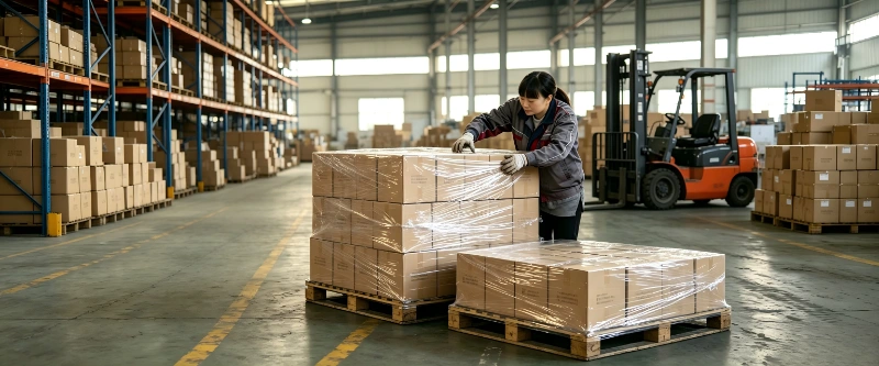 Quality inspection and export palletizing at Gowing glass packaging warehouse