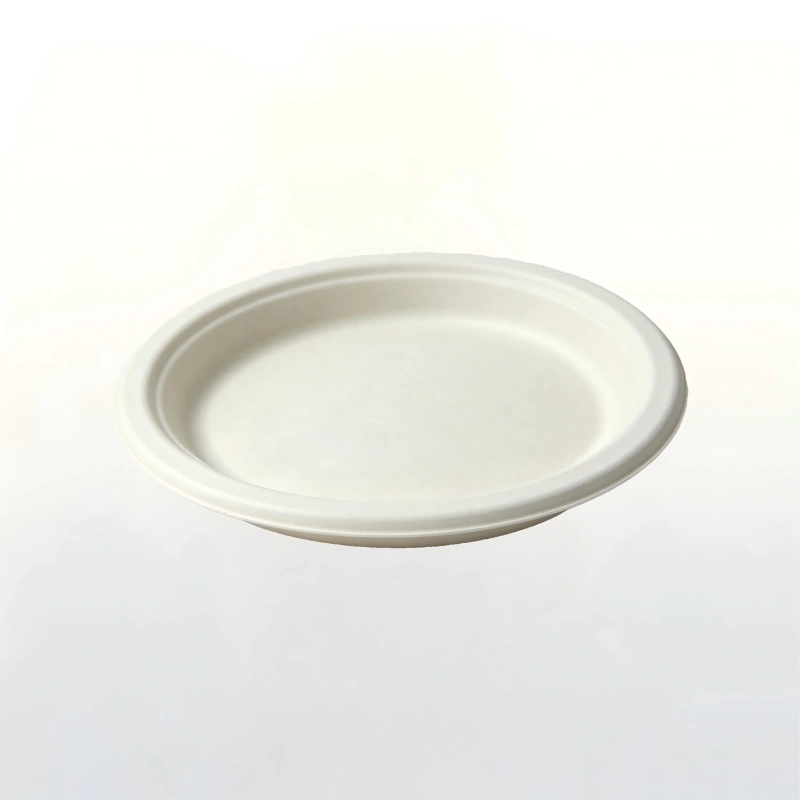 Biodegradable bagasse round disposable plate, eco compostable food plate for catering and daily use.